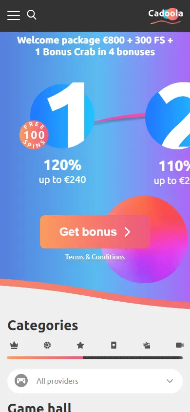 Cadoola Casino home interface in a mobile browser