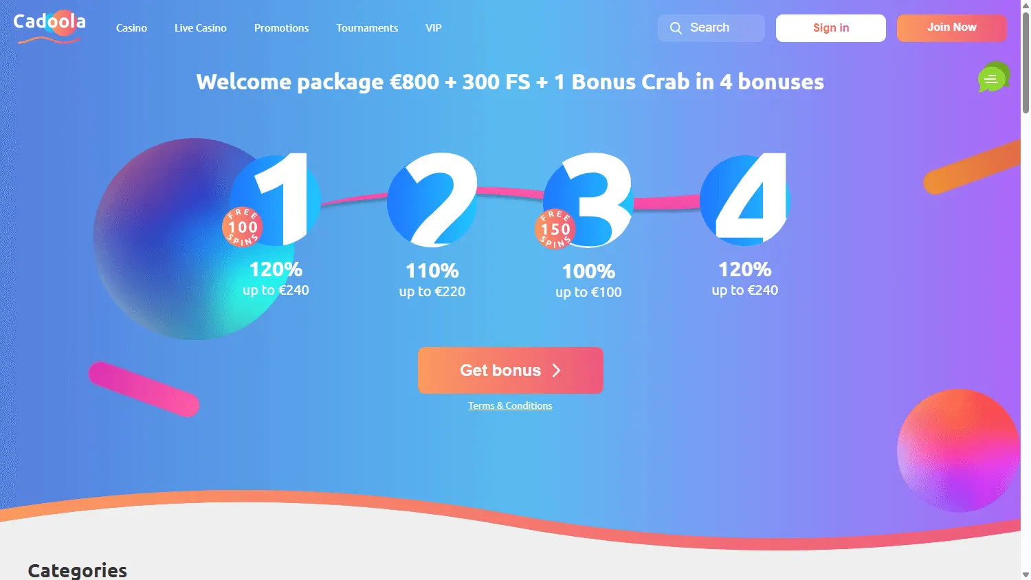 Cadoola Casino home interface on desktop