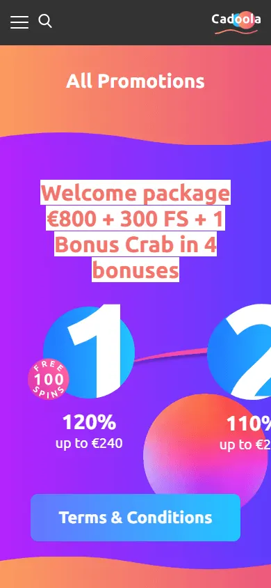 Cadoola Casino promotions interface in a mobile browser