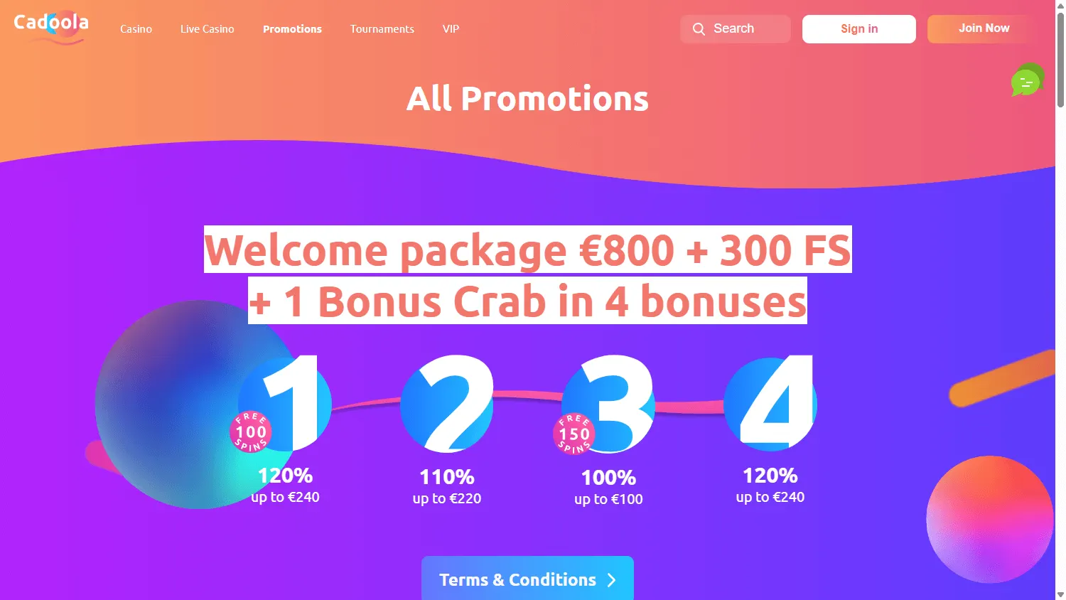 Cadoola Casino promotions interface on desktop